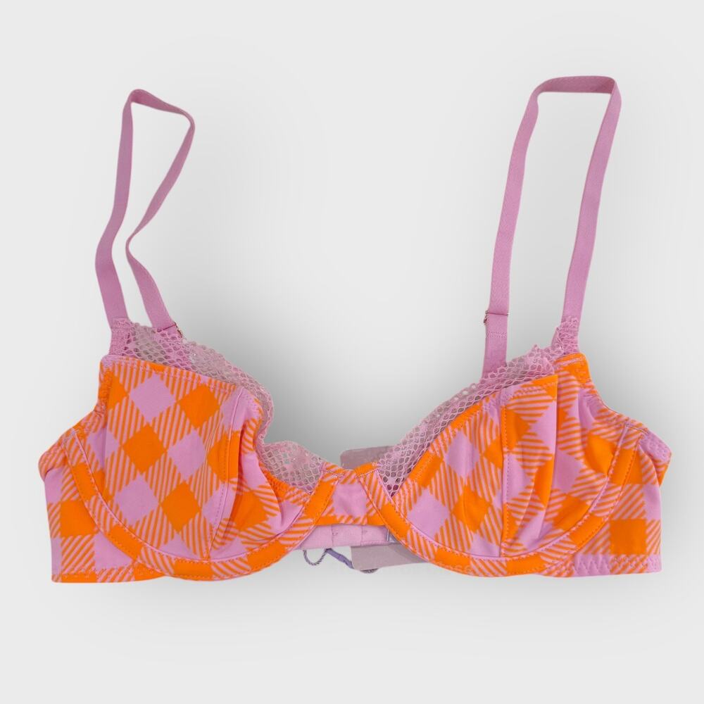 Savage X Fenty Gingham Remix Bra 32B Pink Orange Plunge Lace Trim